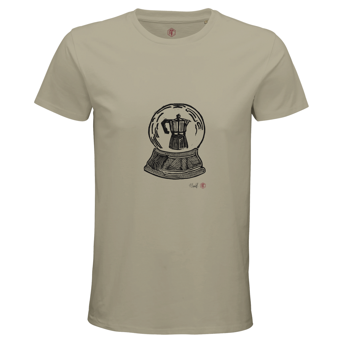 Organic cotton T-shirt with the linocut “Snow Globe Moka Pot” – sand, men’s cut