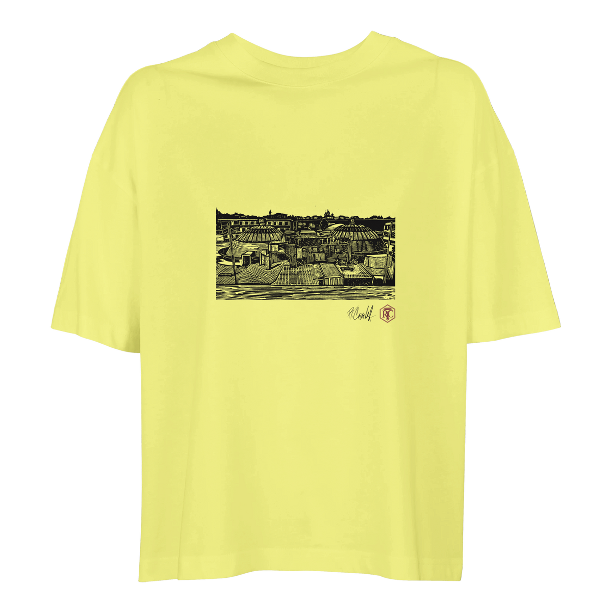 Organic cotton T-shirt with the linocut “The Domes” – light yellow, women’s cut
