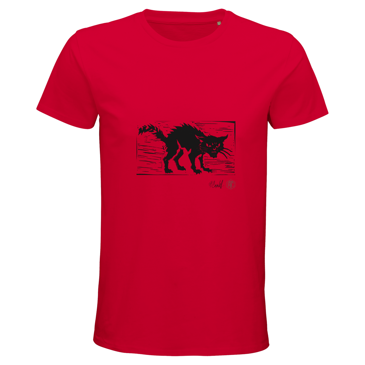 Organic cotton T-shirt with the linocut “Cat” – red, men’s cut