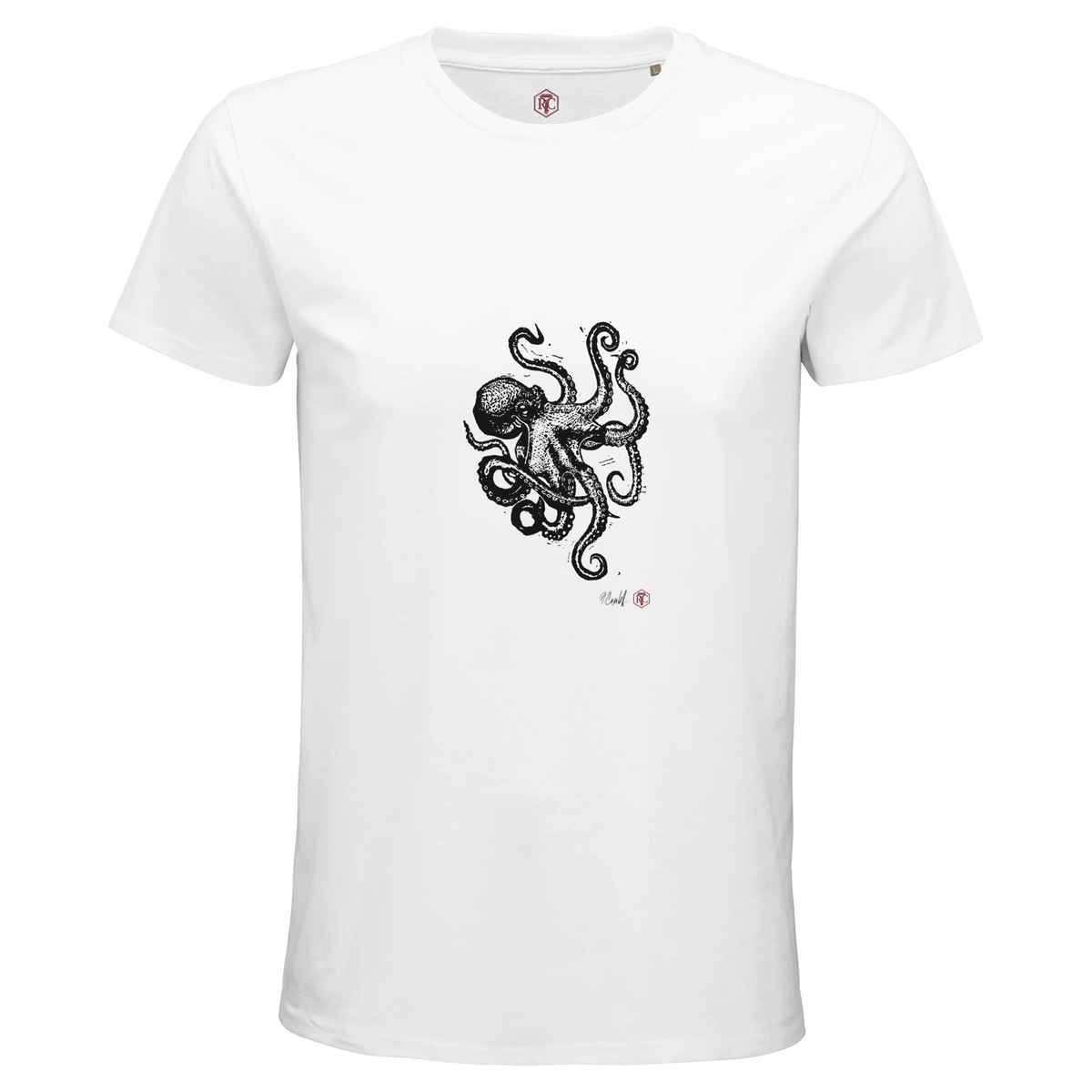 Organic cotton T-shirt with the linocut “Octopus” – white, men’s cut