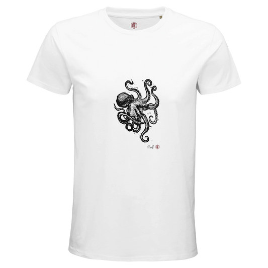 Organic cotton T-shirt with the linocut “Octopus” – white, men’s cut