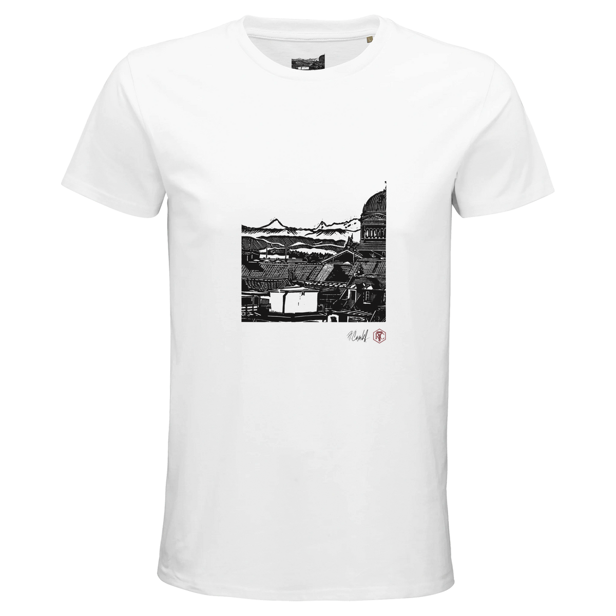 Organic cotton T-shirt with the linocut “Above Bern” – white, men’s cut