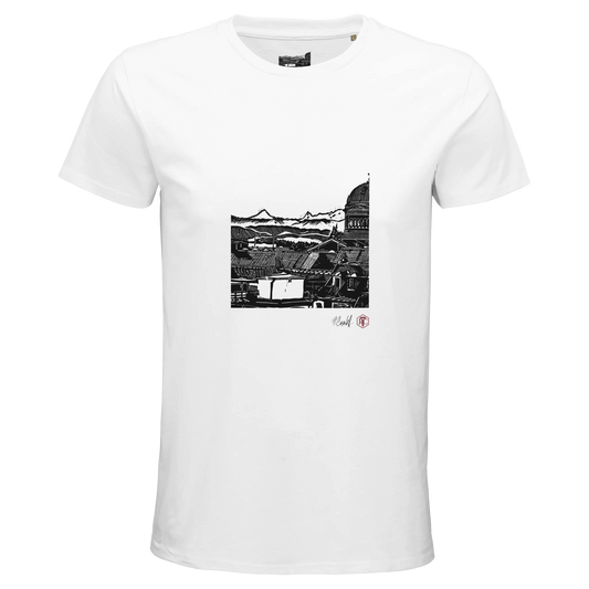 Organic cotton T-shirt with the linocut “Above Bern” – white, men’s cut