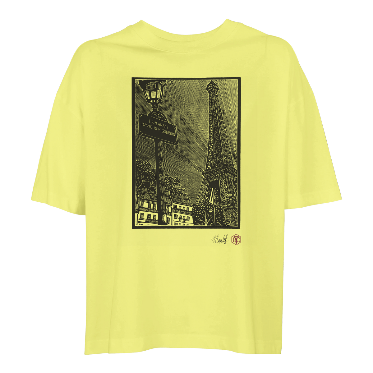 Organic cotton T-shirt with the linocut “Esplanade, Paris” – light yellow, women’s cut