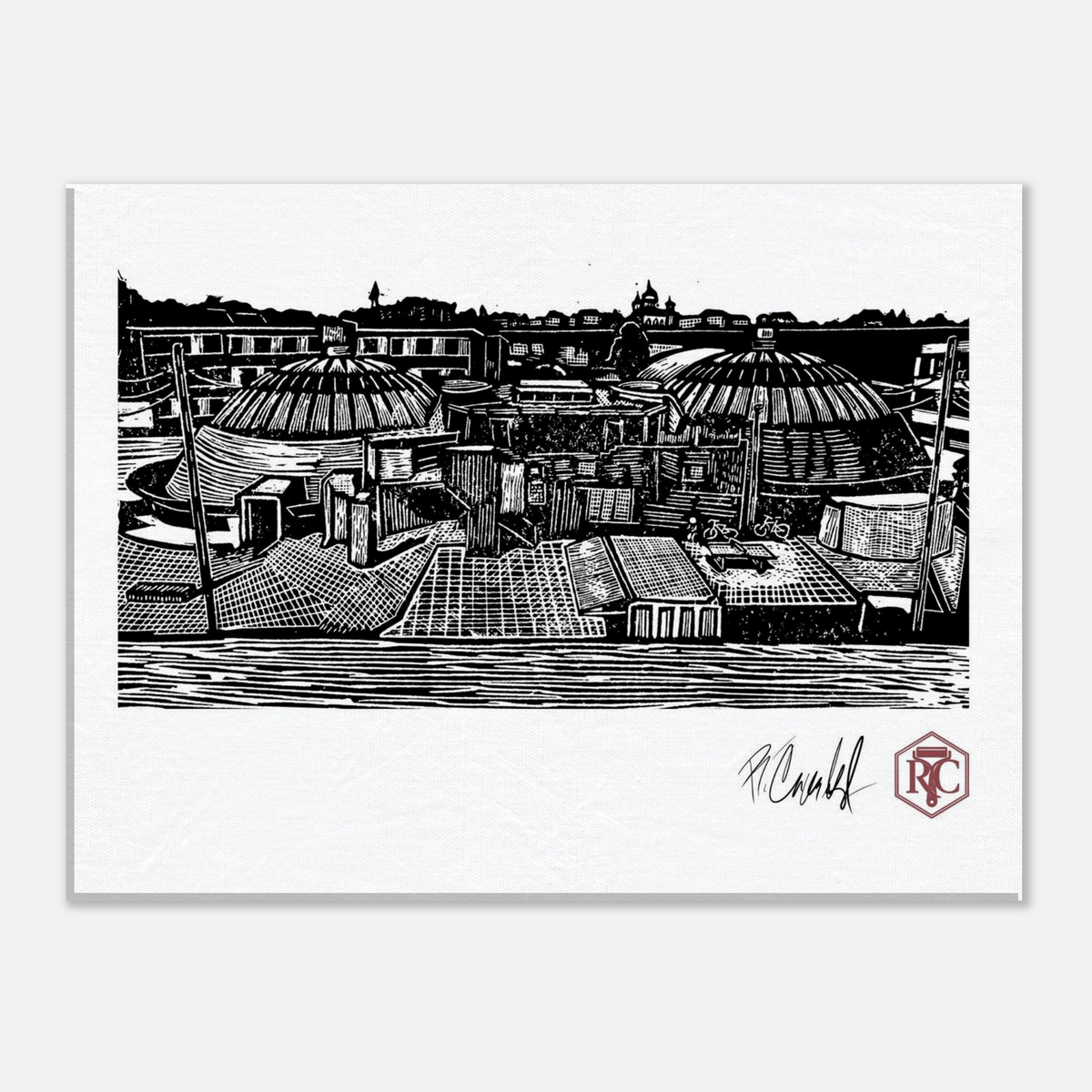 Canvas print 40 × 30 cm with the linocut “The Domes” – front view