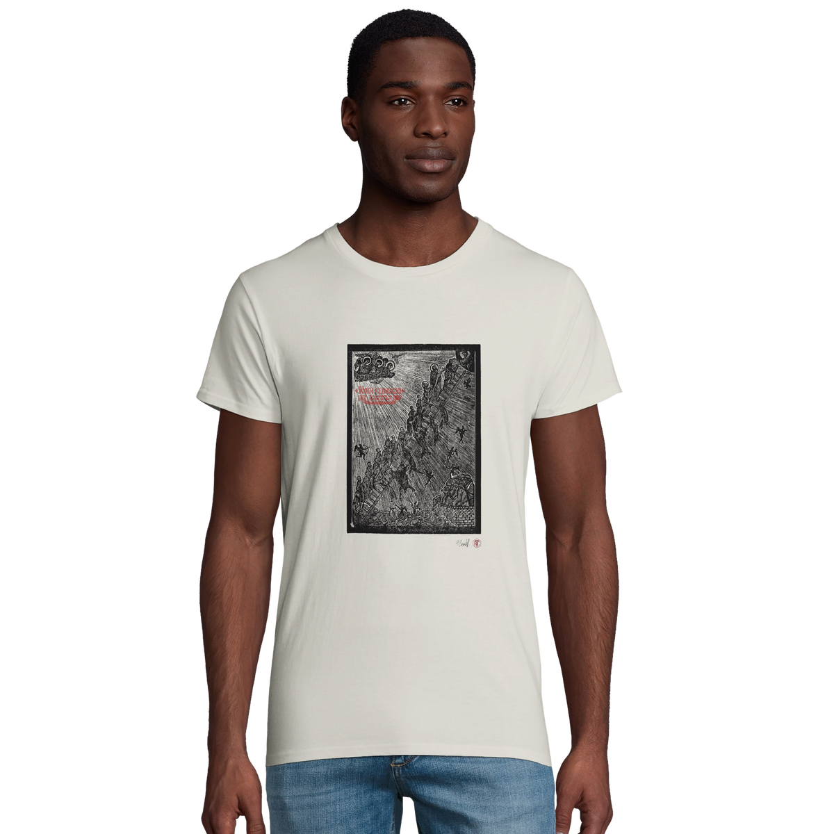 Model wearing T-shirt “The Ladder”, ash grey, men’s cut – front view