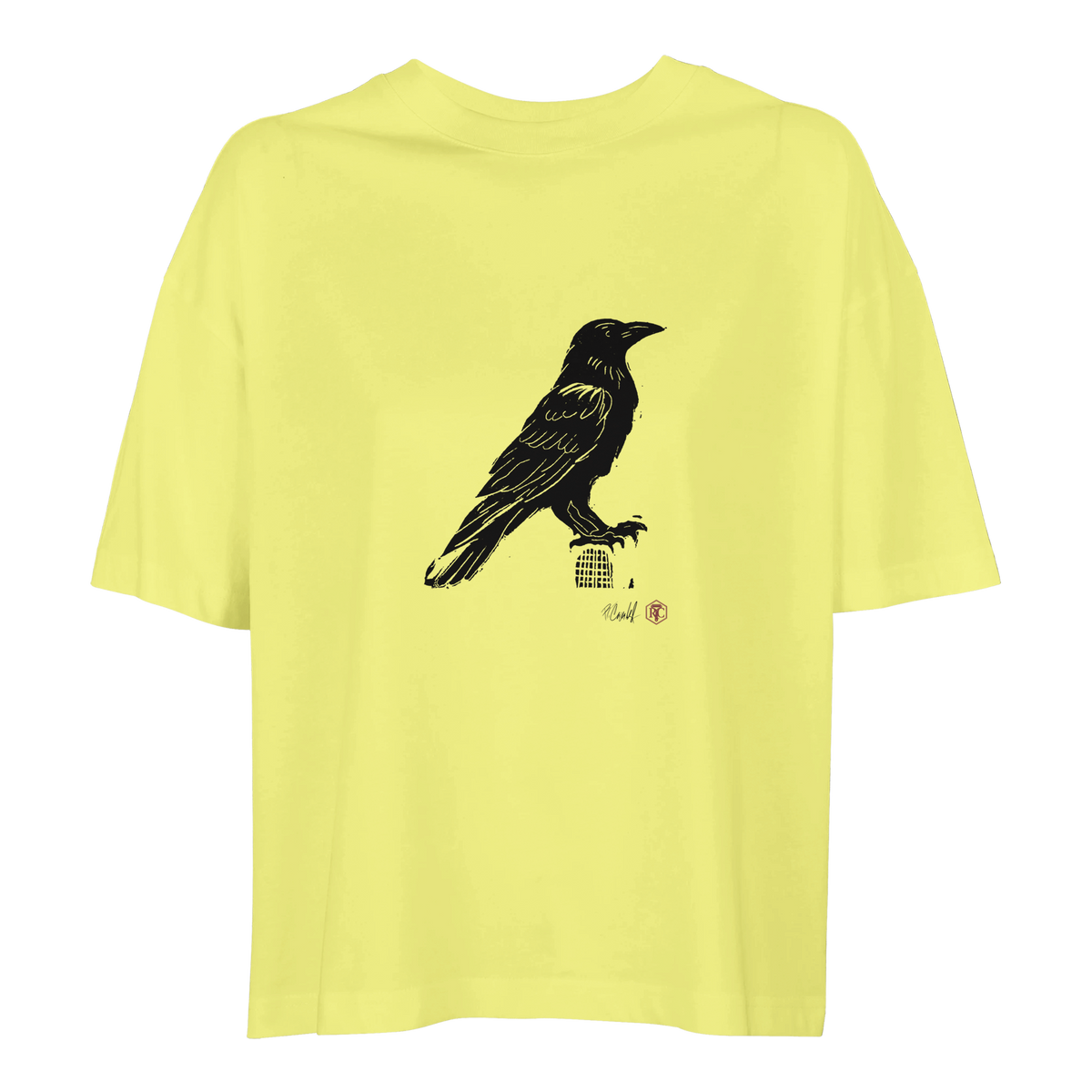 Organic cotton T-shirt with the linocut “Raven” – light yellow, women’s cut