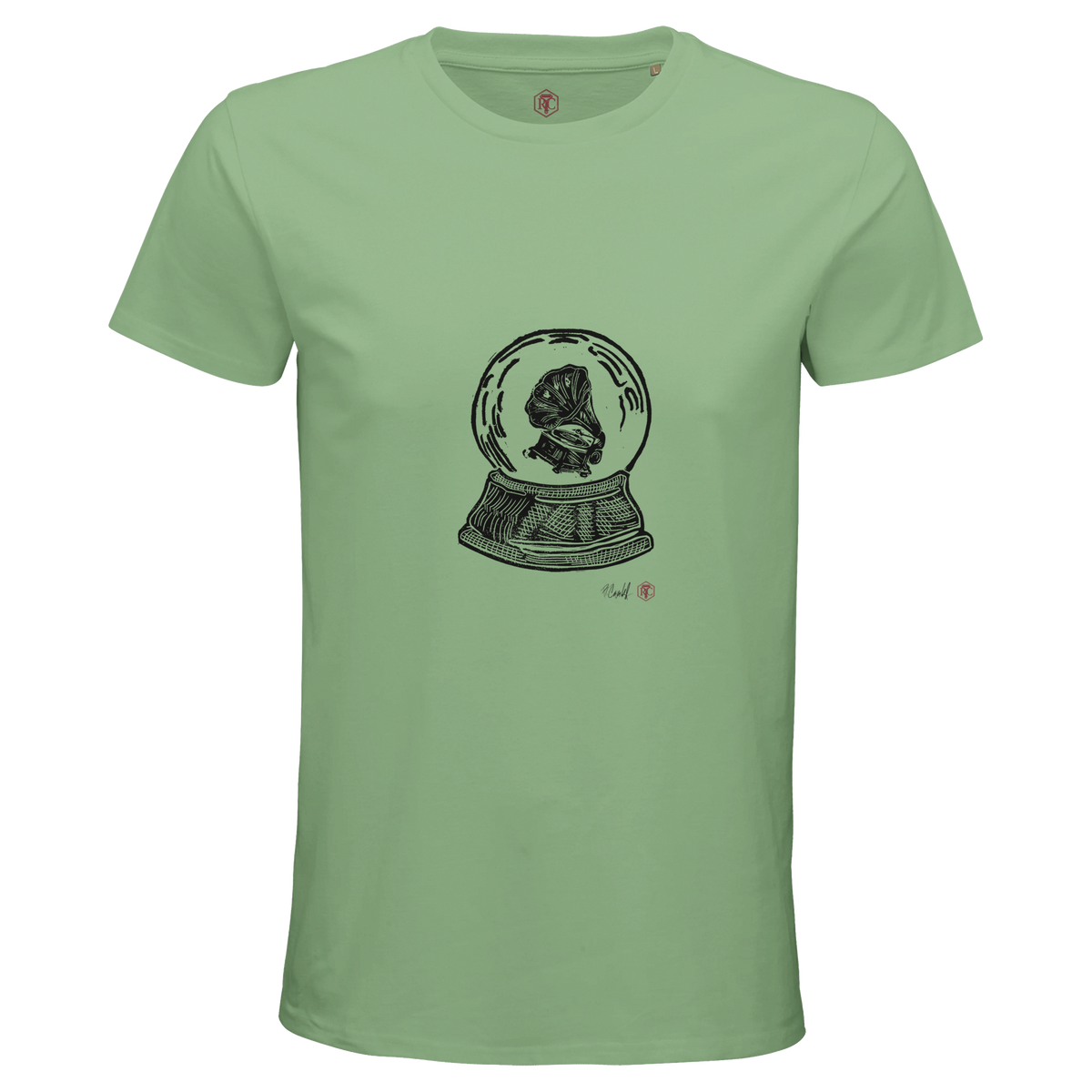 Organic cotton T-shirt with the linocut “Snow Globe Gramophone” – apple green, men’s cut