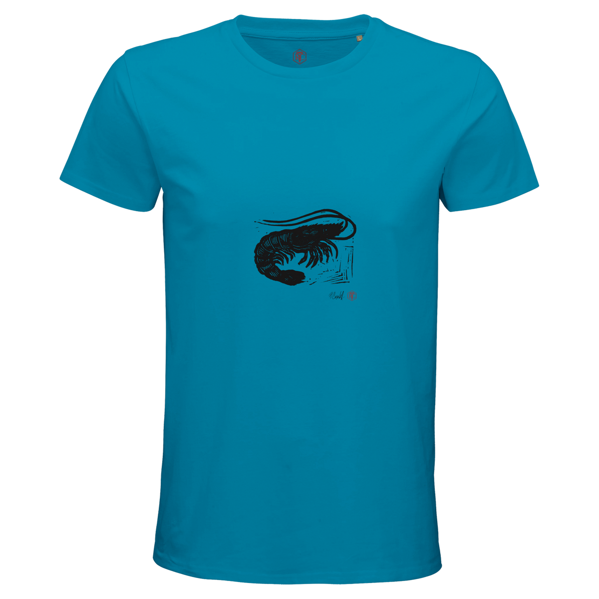 Organic cotton T-shirt with the linocut “Shrimp” – aqua, men’s cut