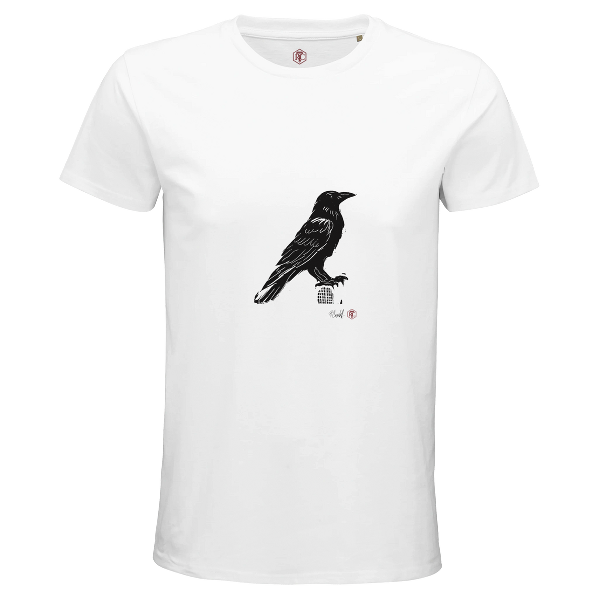 Organic cotton T-shirt with the linocut “Raven” – white, men’s cut