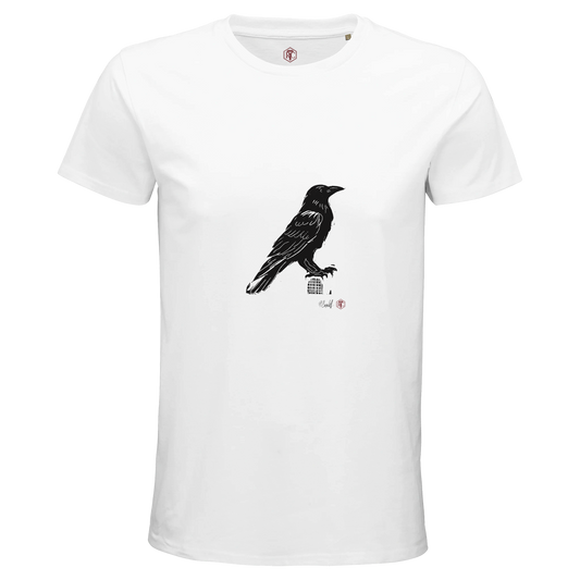 Organic cotton T-shirt with the linocut “Raven” – white, men’s cut