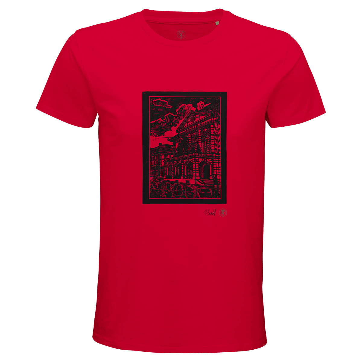 Organic cotton T-shirt with the linocut “Casino Bern” – red, men’s cut