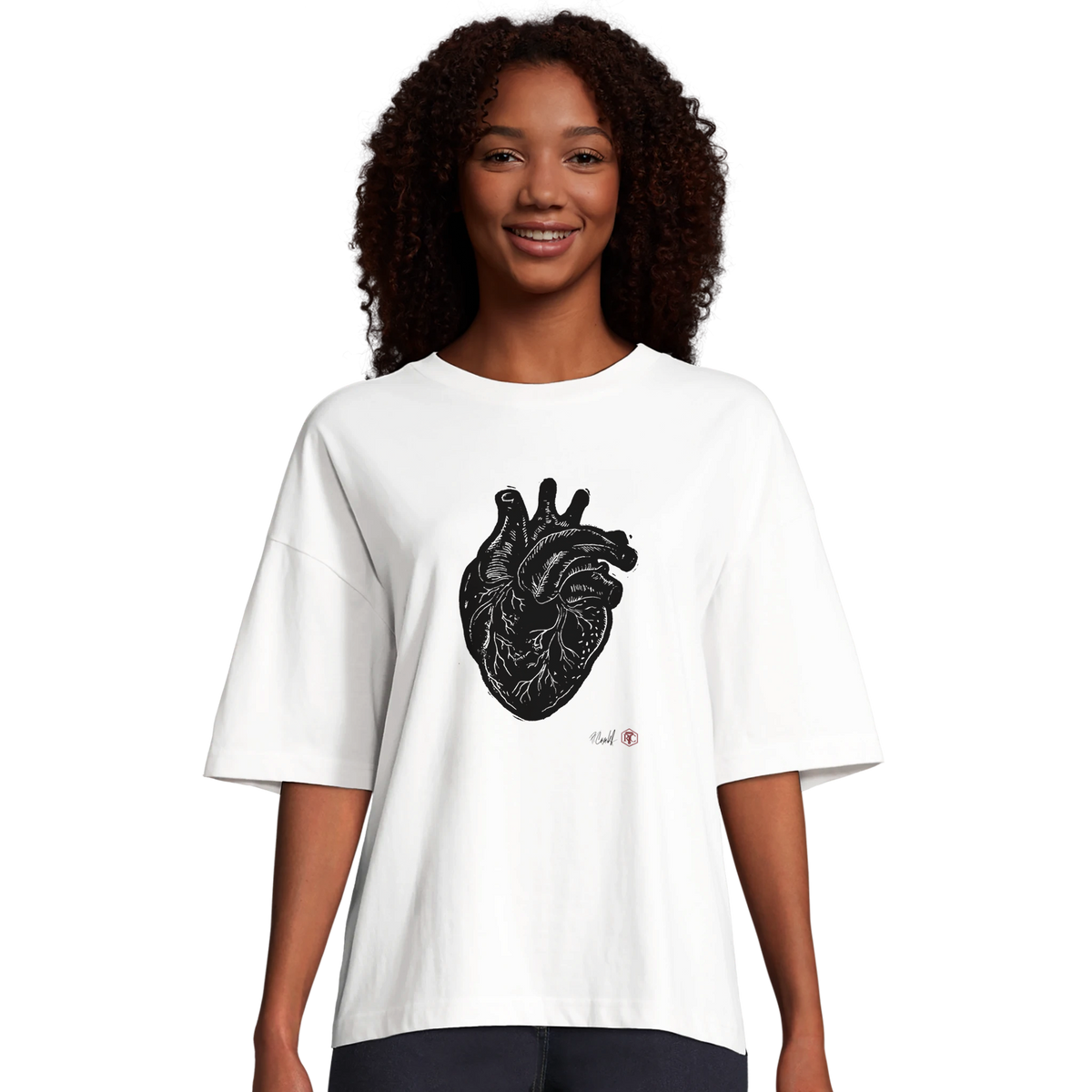 Model wearing T-shirt “Anatomical Heart”, white, women’s cut – front view