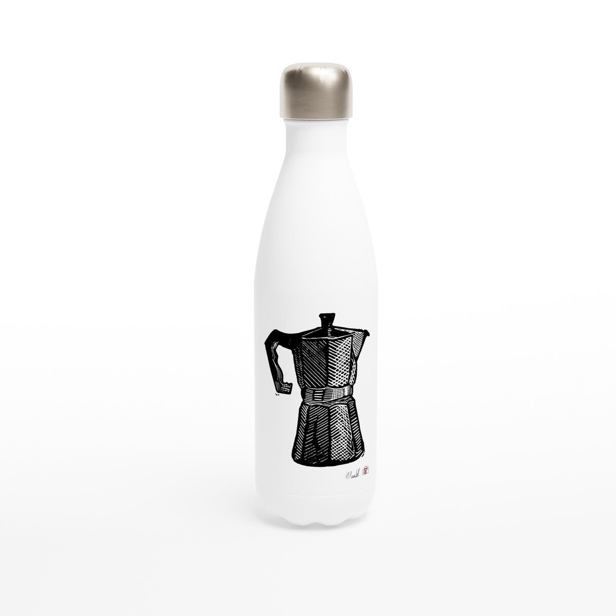 Stainless steel bottle with the linocut “Moka Pot” – view 1