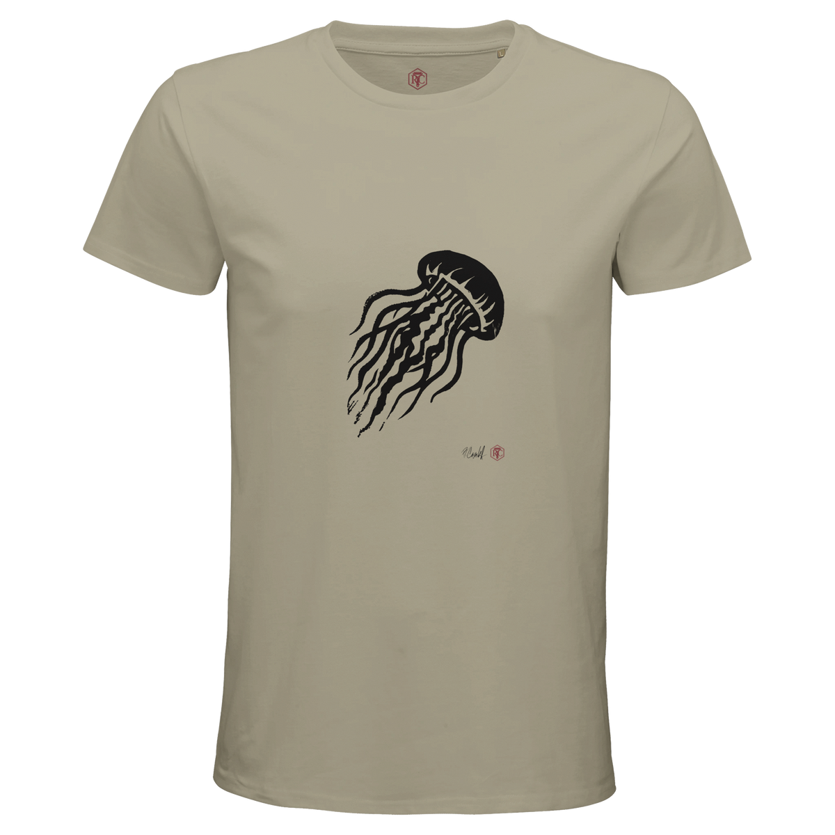 Organic cotton T-shirt with the linocut “Jellyfish” – sand, men’s cut