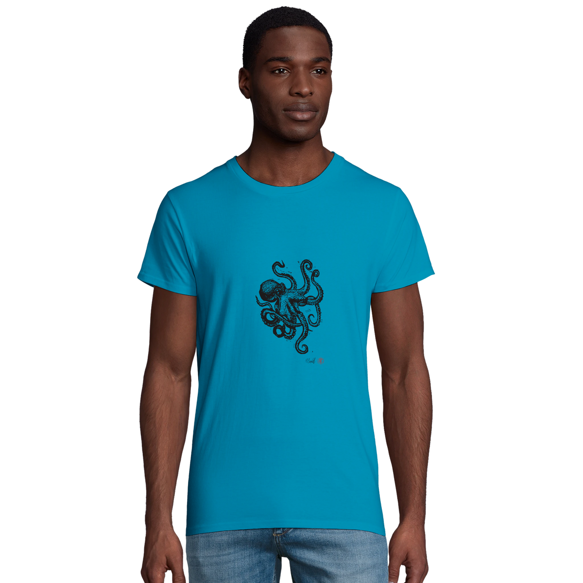 Model wearing T-shirt “Octopus”, aqua, men’s cut – front view
