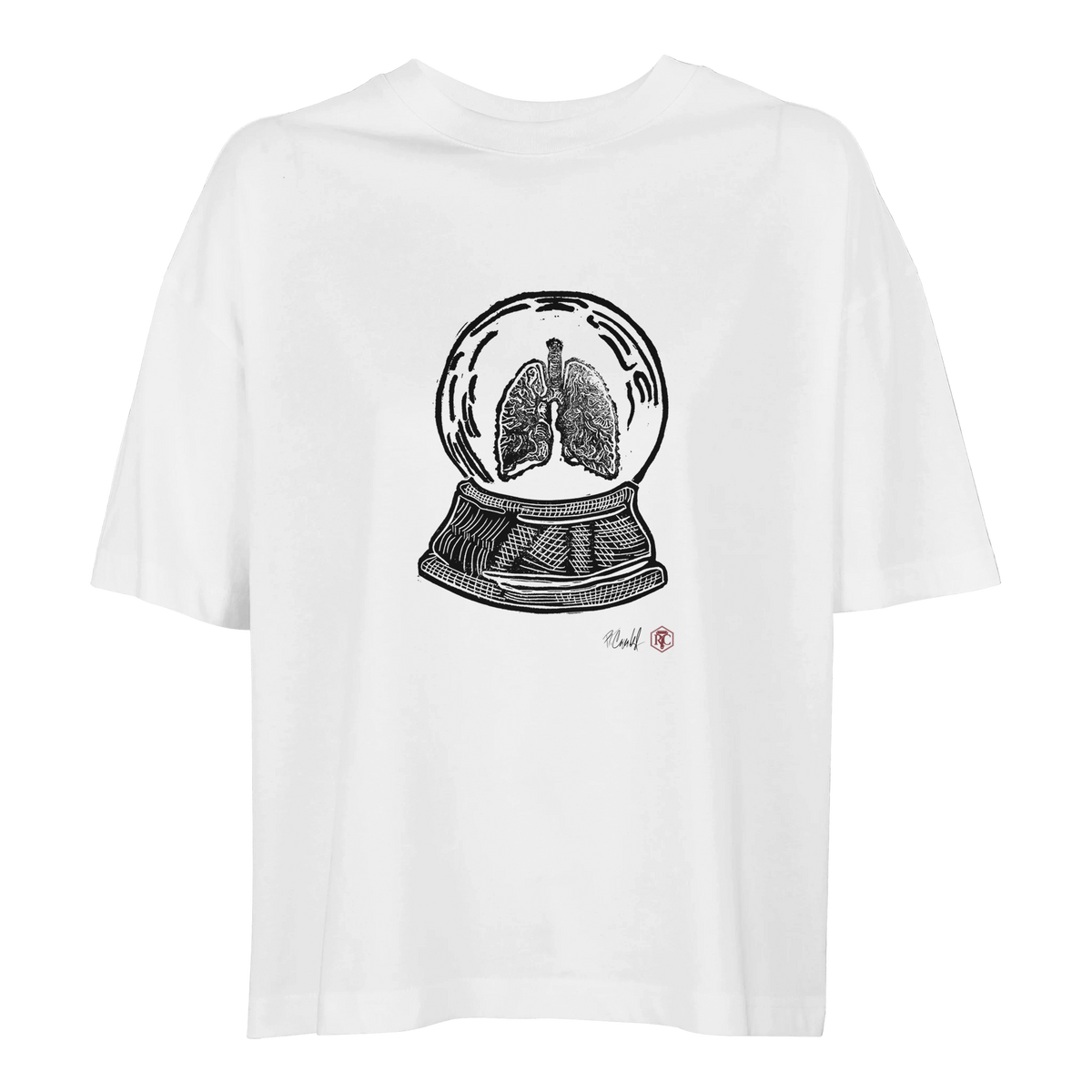 Organic cotton T-shirt with the linocut “Snow Globe Lungs” – white, women’s cut