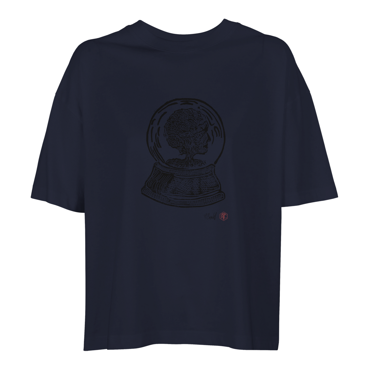 Organic cotton T-shirt with the linocut “Snow Globe Tree” – navy blue, women’s cut
