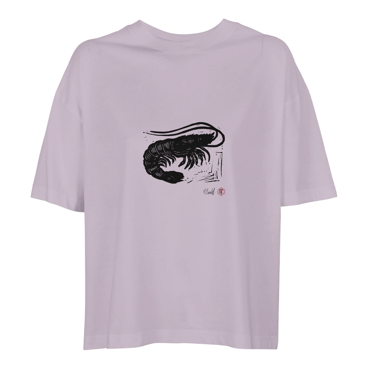 Organic cotton T-shirt with the linocut “Shrimp” – lilac, women’s cut