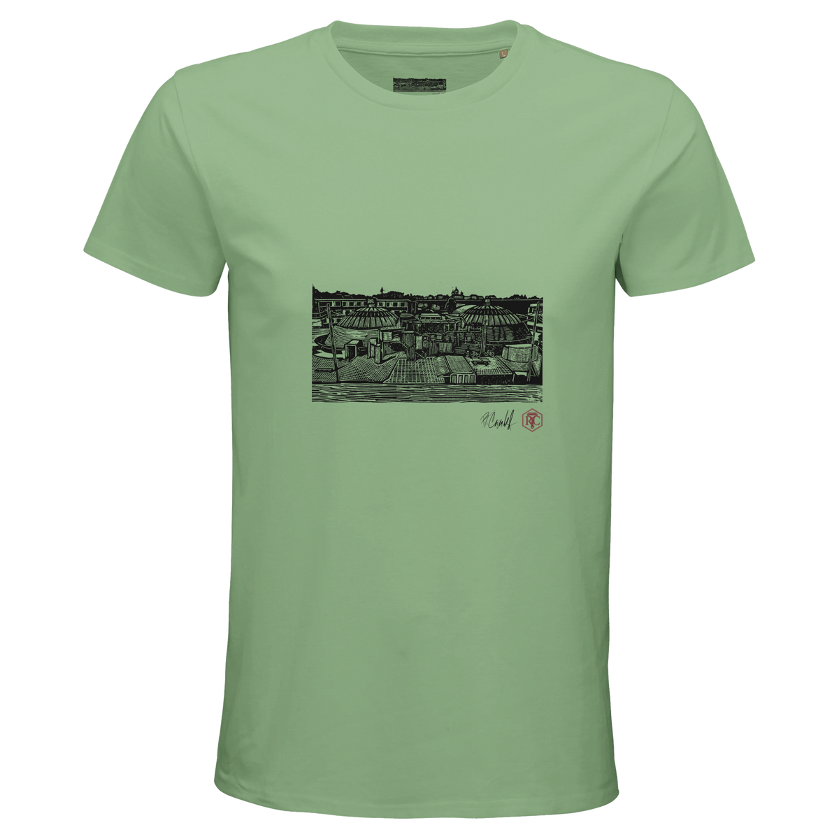 Organic cotton T-shirt with the linocut “The Domes” – apple green, men’s cut