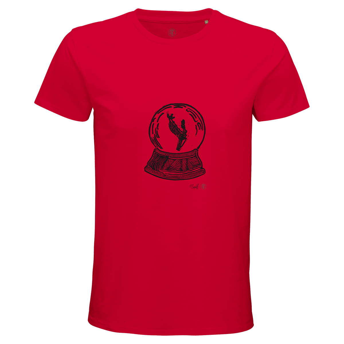 Organic cotton T-shirt with the linocut “Snow Globe Branch” – red, men’s cut