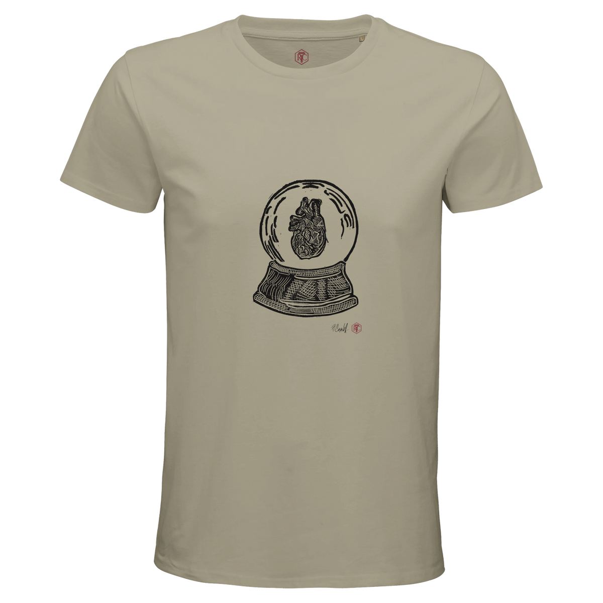 Organic cotton T-shirt with the linocut “Snow Globe Heart” – sand, men’s cut