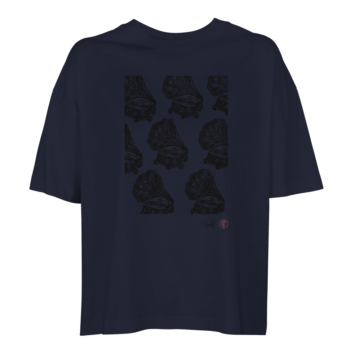 Organic cotton T-shirt with the linocut “Gramophones” – navy blue, women’s cut