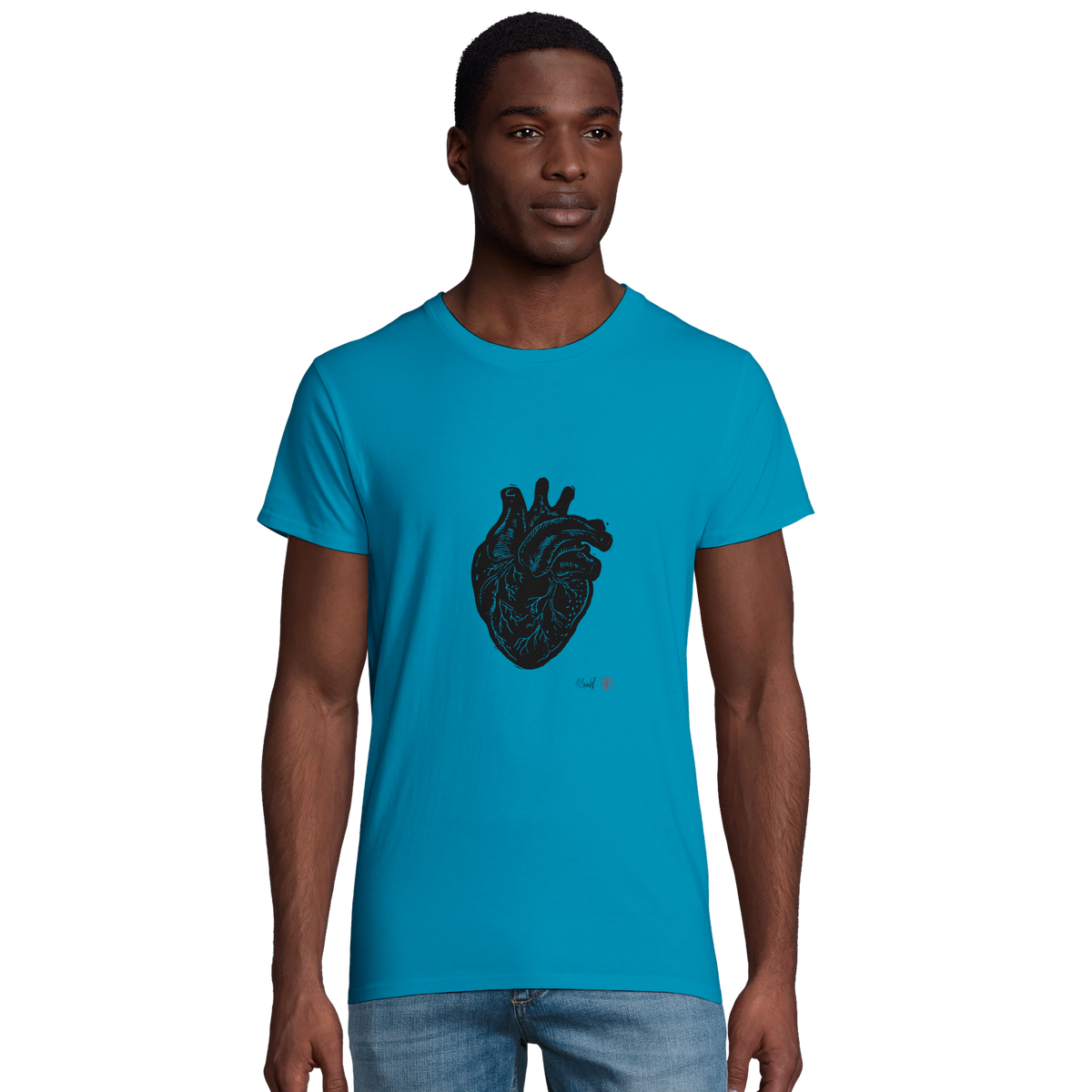 Model wearing T-shirt “Anatomical Heart”, aqua, men’s cut – front view