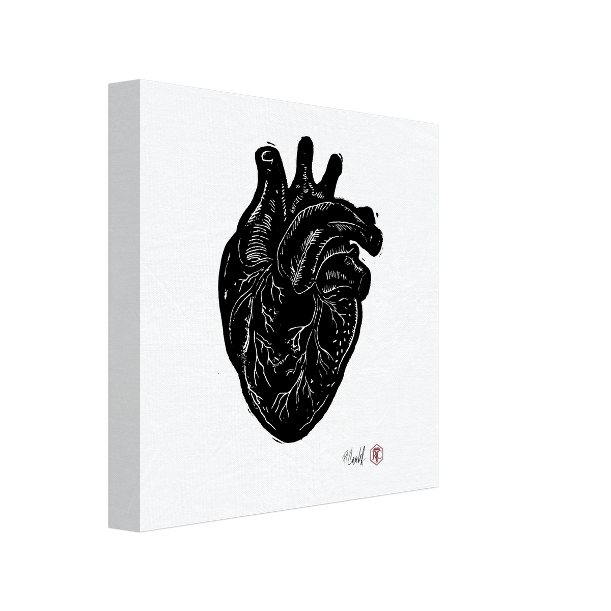 Canvas print 20 × 20 cm with the linocut “Anatomical Heart” – side view