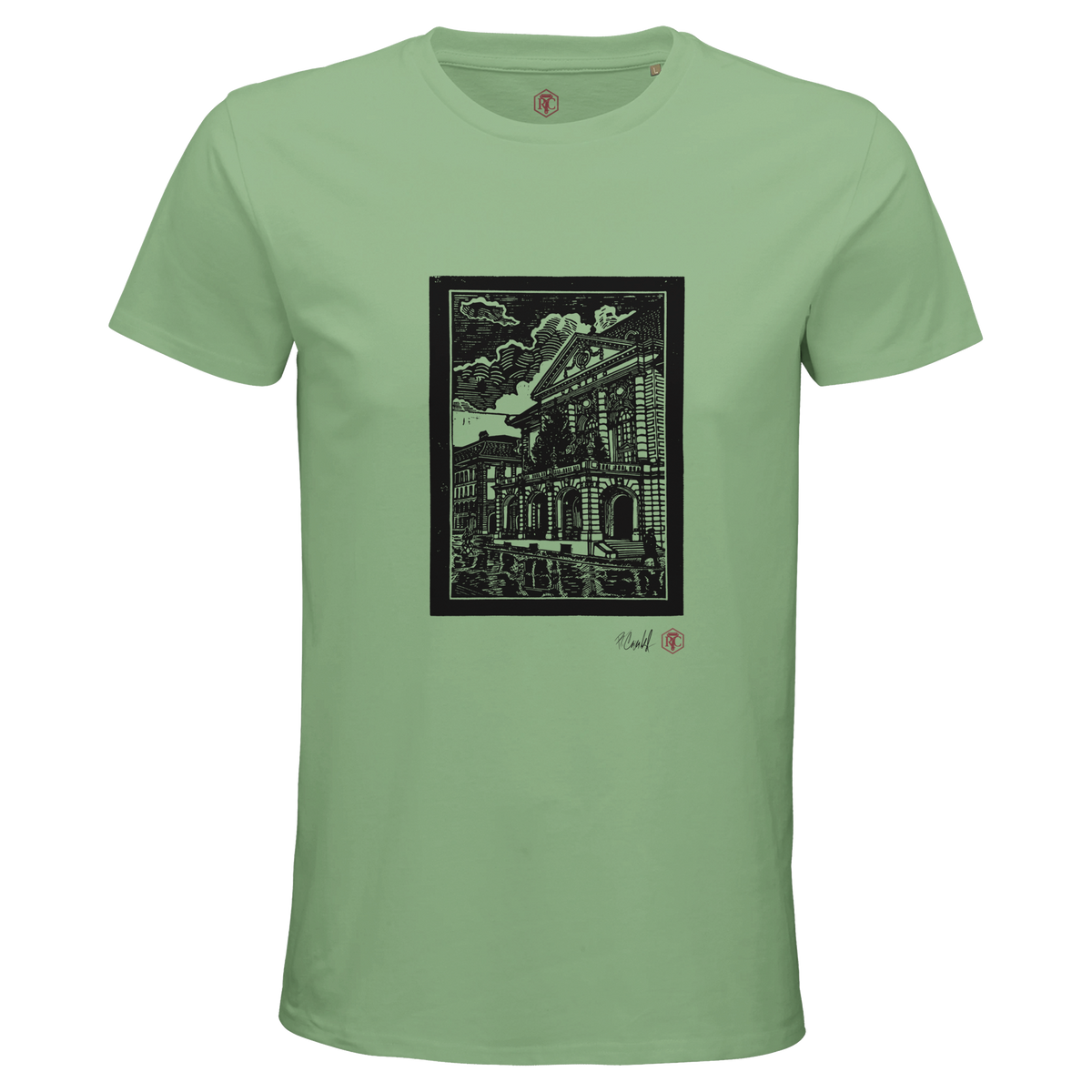 Organic cotton T-shirt with the linocut “Casino Bern” – apple green, men’s cut