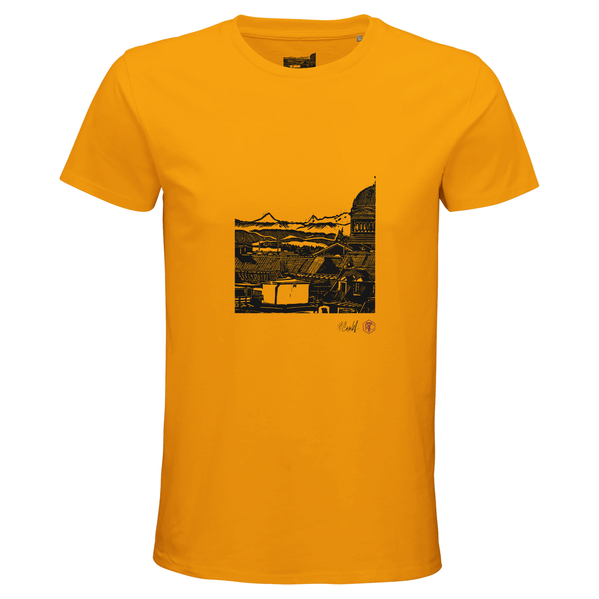 Organic cotton T-shirt with the linocut “Above Bern” – gold, men’s cut