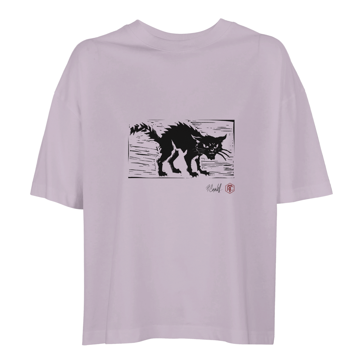 Organic cotton T-shirt with the linocut “Cat” – lilac, women’s cut