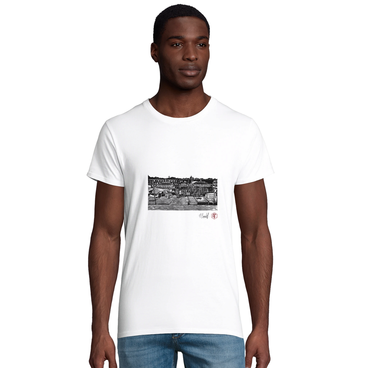 Model wearing T-shirt “The Domes”, white, men’s cut – front view