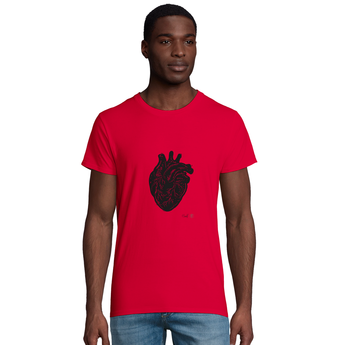 Model wearing T-shirt “Anatomical Heart”, red, men’s cut – front view