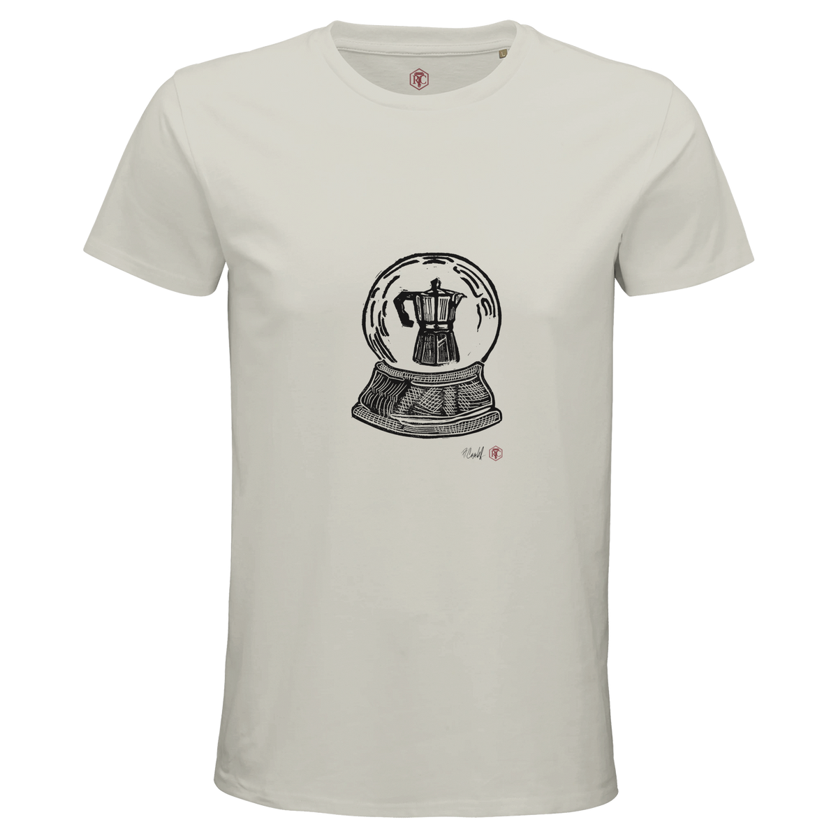 Organic cotton T-shirt with the linocut “Snow Globe Moka Pot” – ash grey, men’s cut