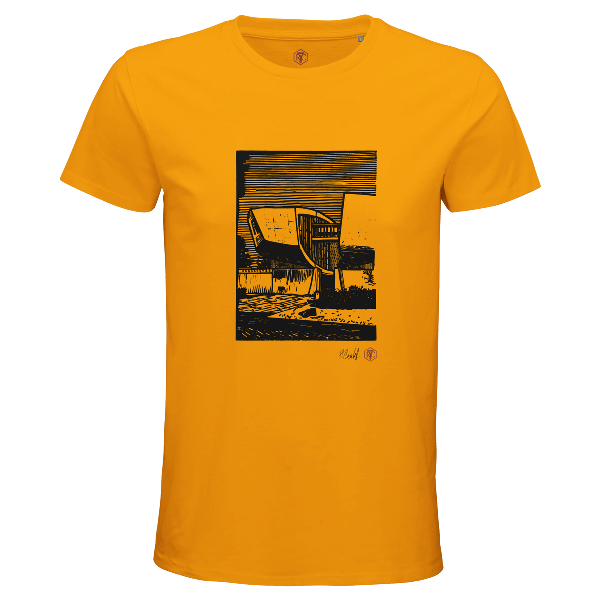 Organic cotton T-shirt with the linocut “SNP” – gold, men’s cut