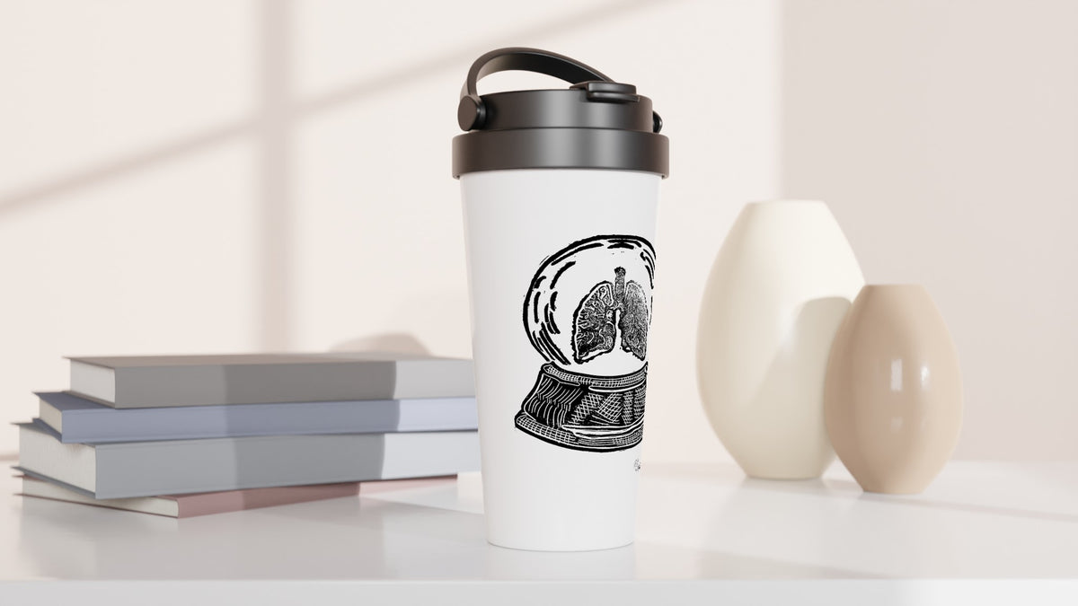 Stainless steel travel mug with the linocut “Snow Globe Lungs” – view 3