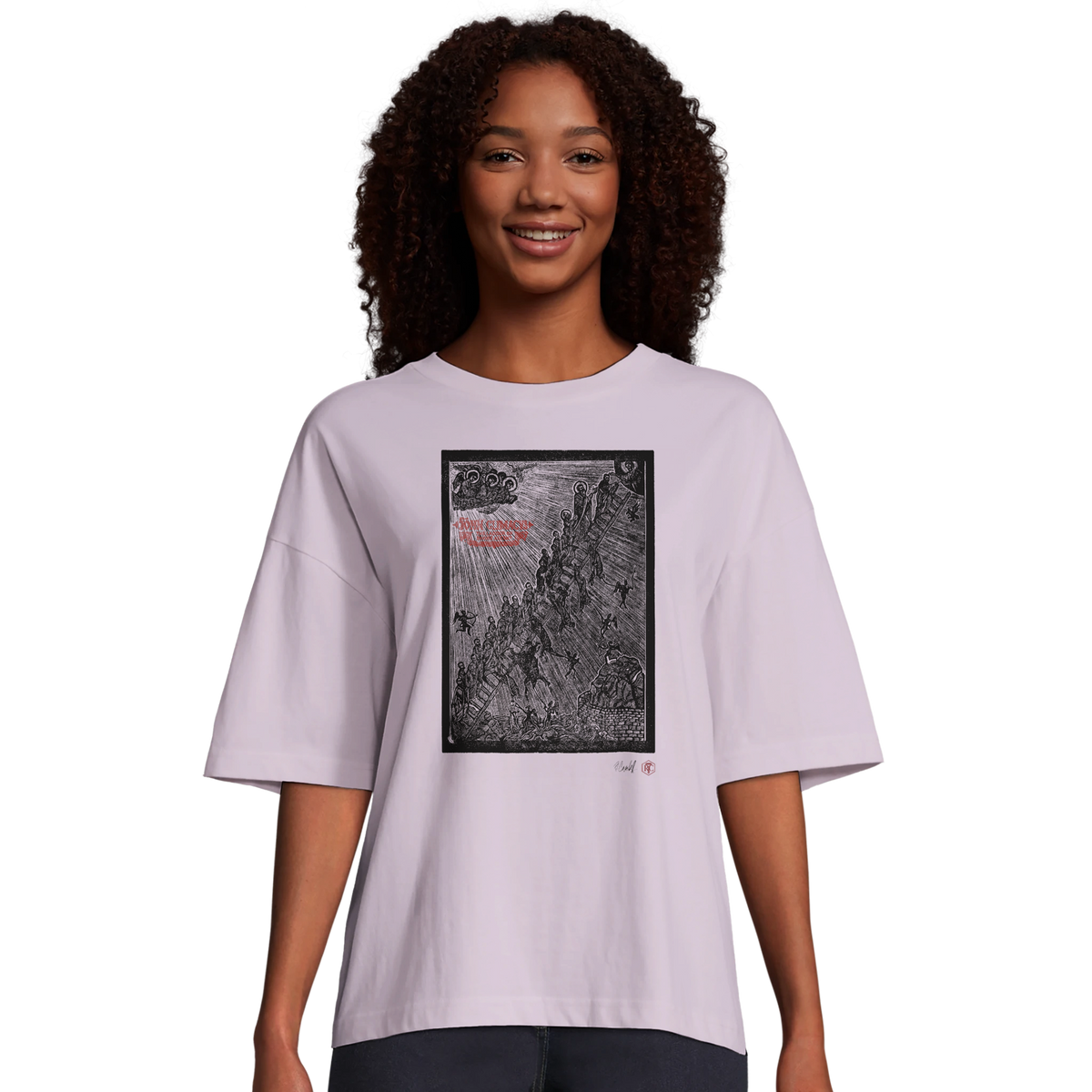 Model wearing T-shirt “The Ladder”, lilac, women’s cut – front view