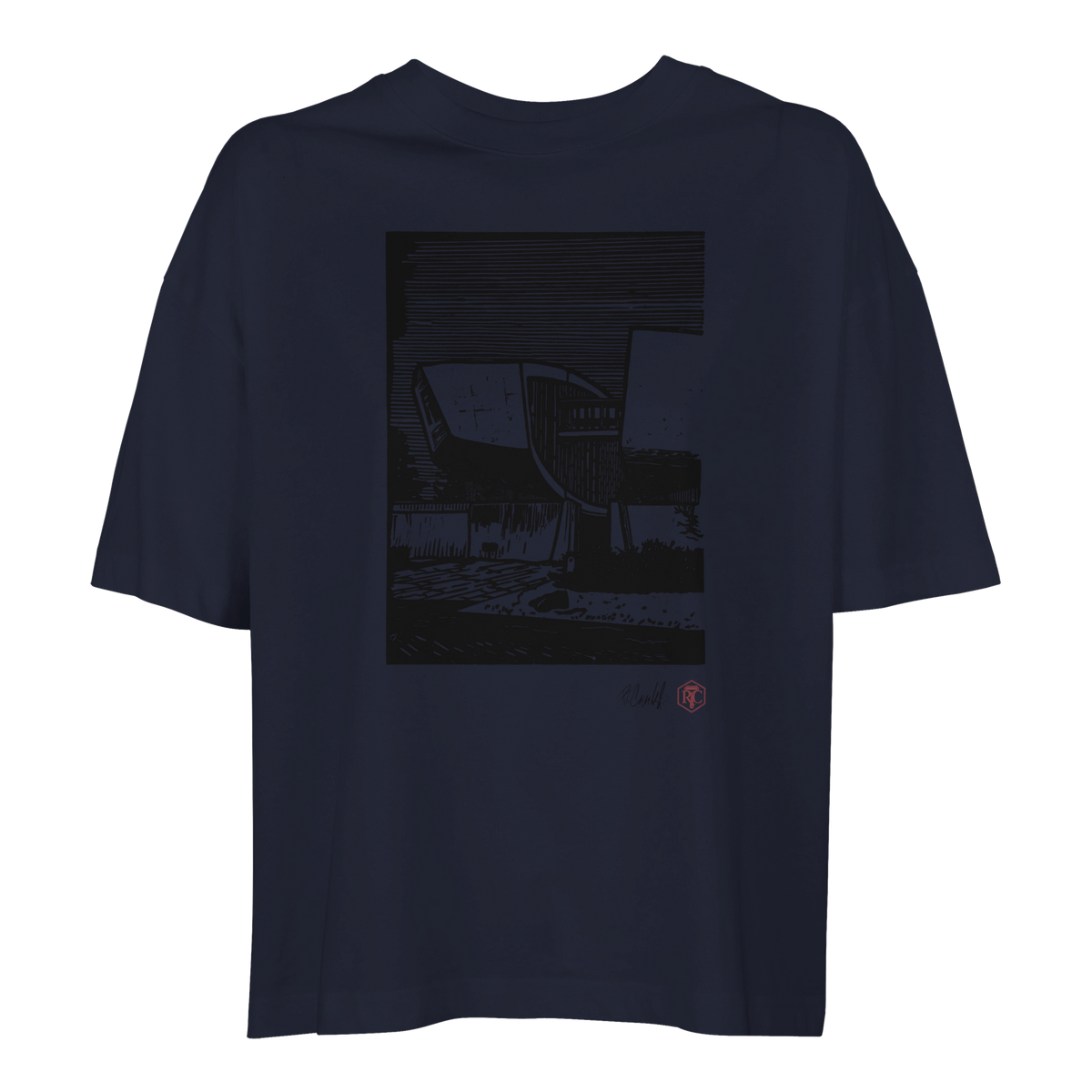 Organic cotton T-shirt with the linocut “SNP” – navy blue, women’s cut