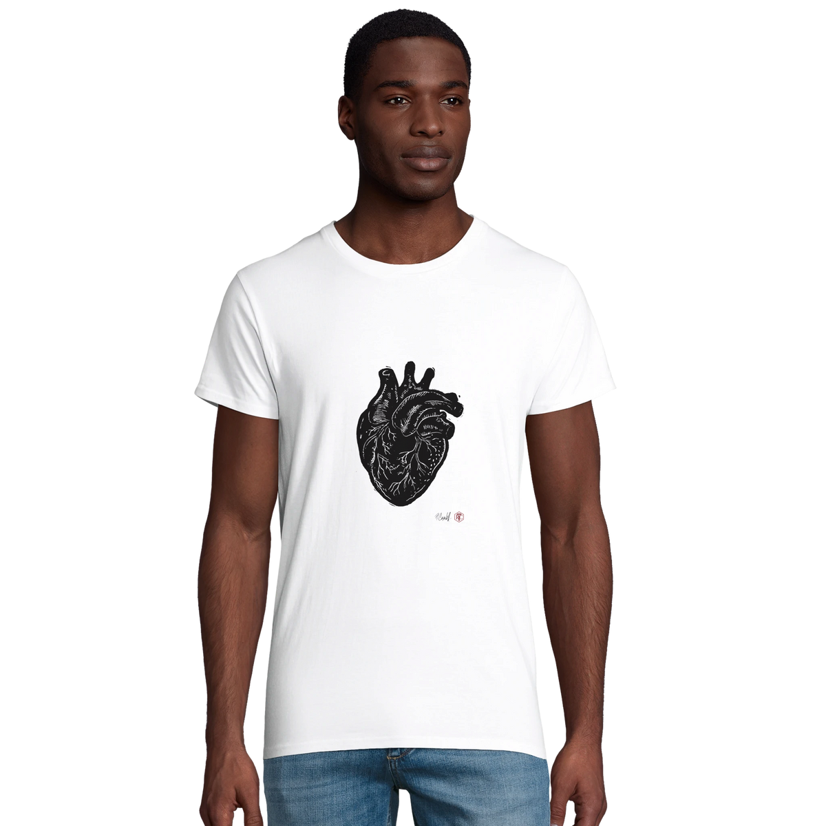 Model wearing T-shirt “Anatomical Heart”, white, men’s cut – front view