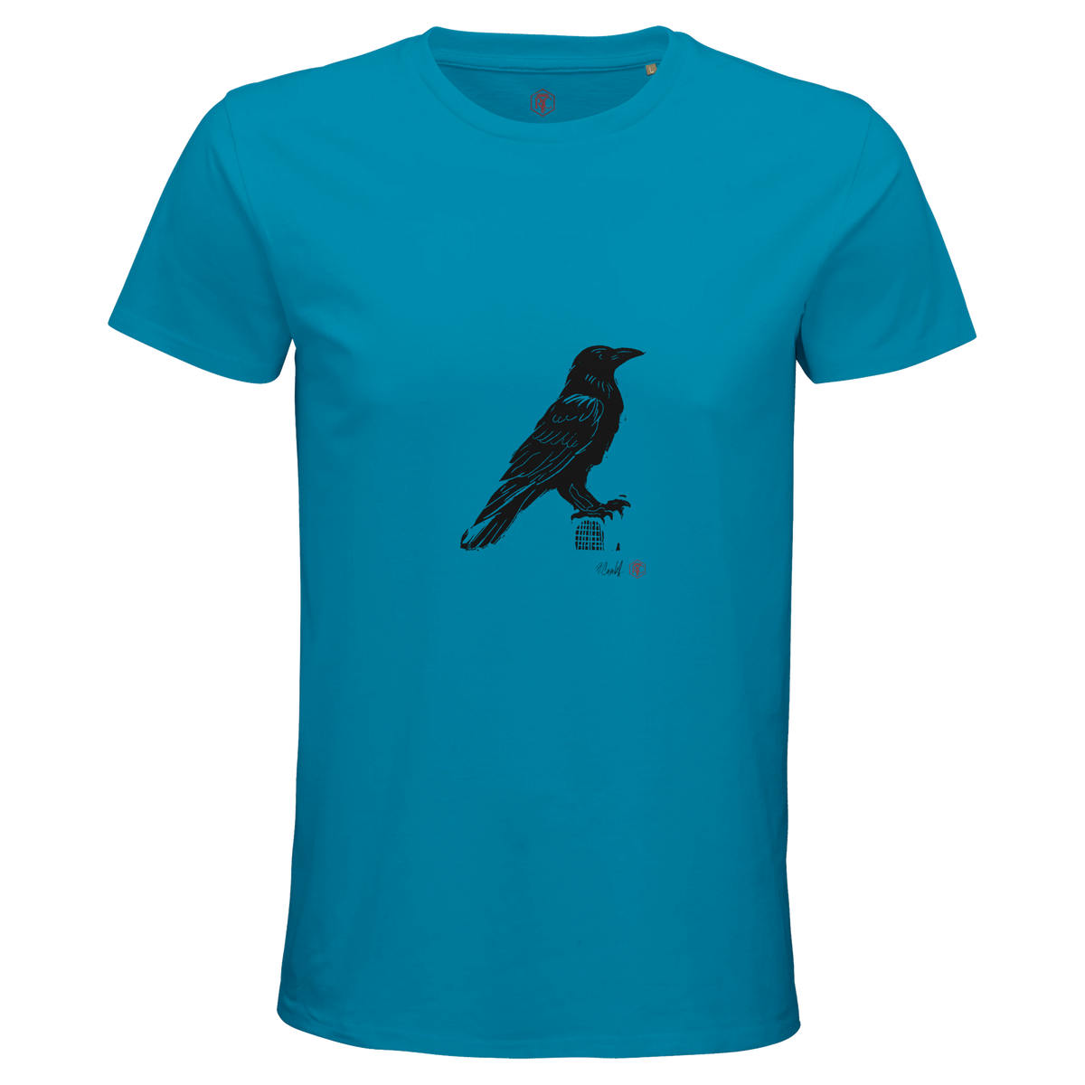 Organic cotton T-shirt with the linocut “Raven” – aqua, men’s cut