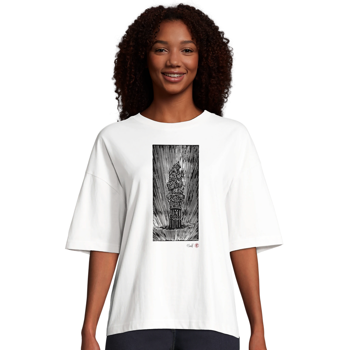 Model wearing T-shirt “The Fountain, Bern”, white, women’s cut – front view
