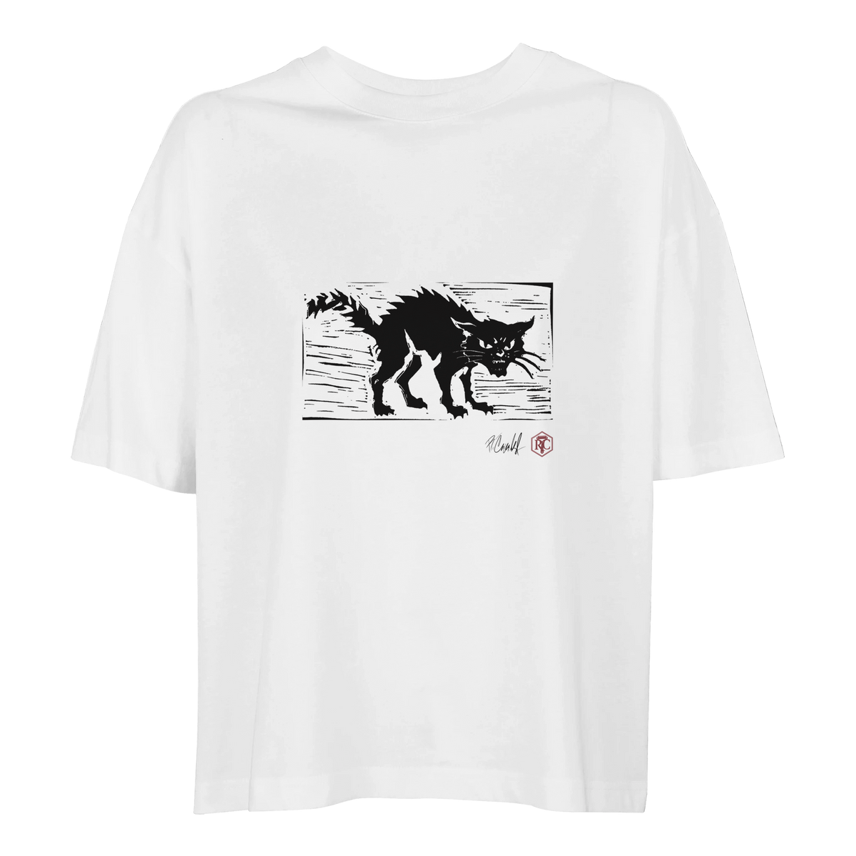 Organic cotton T-shirt with the linocut “Cat” – white, women’s cut