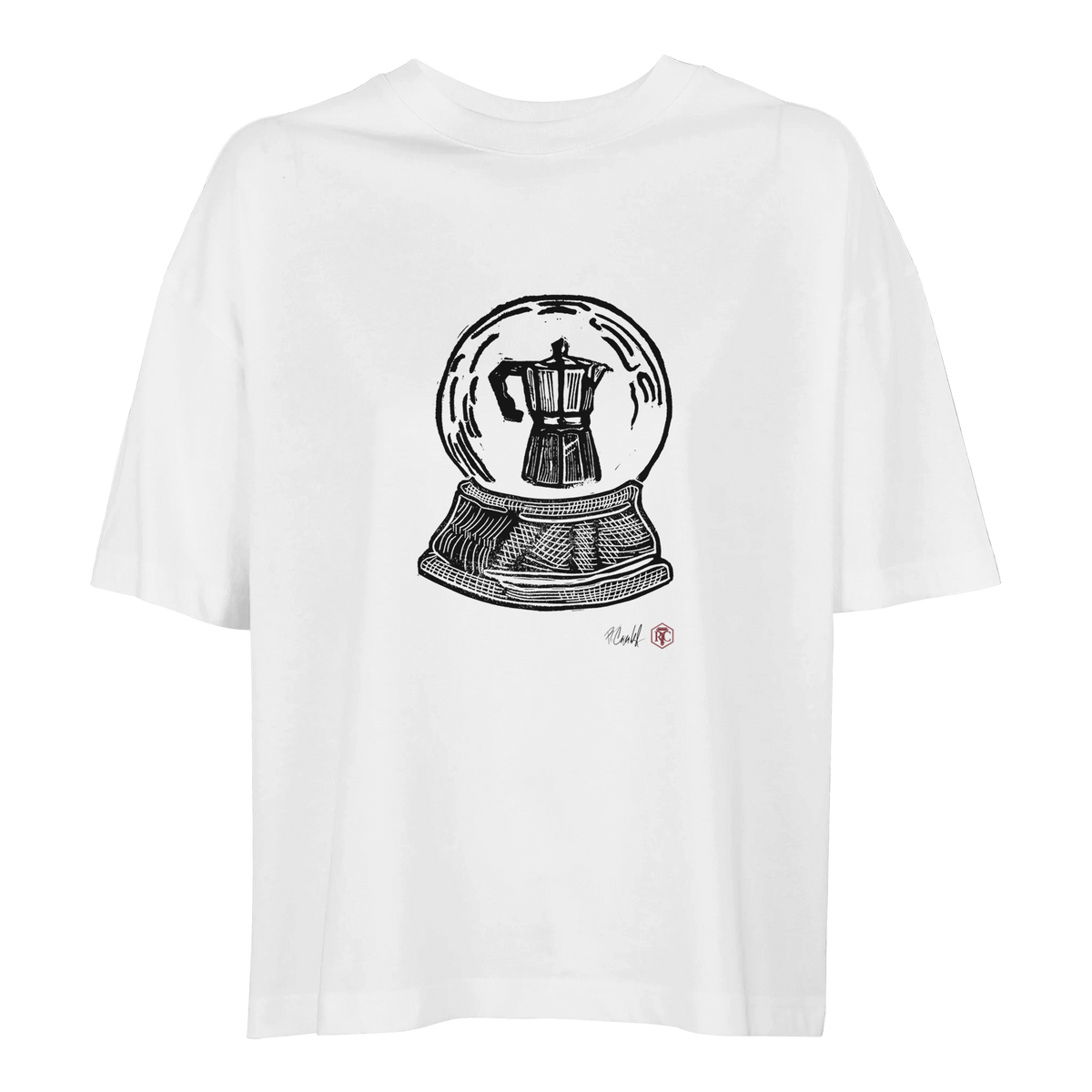 Organic cotton T-shirt with the linocut “Snow Globe Moka Pot” – white, women’s cut