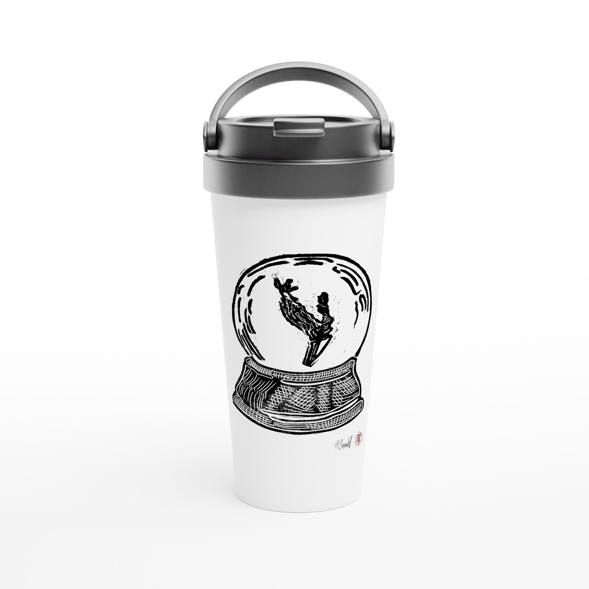 Stainless steel travel mug with the linocut “Snow Globe Branch” – view 1