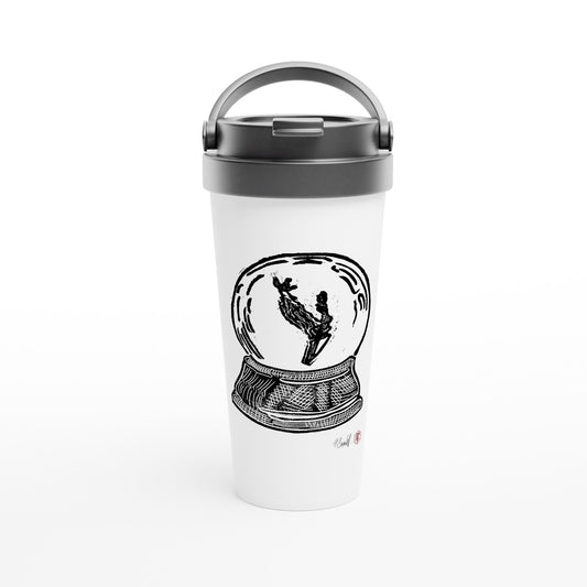 Stainless steel travel mug with the linocut “Snow Globe Branch” – view 1