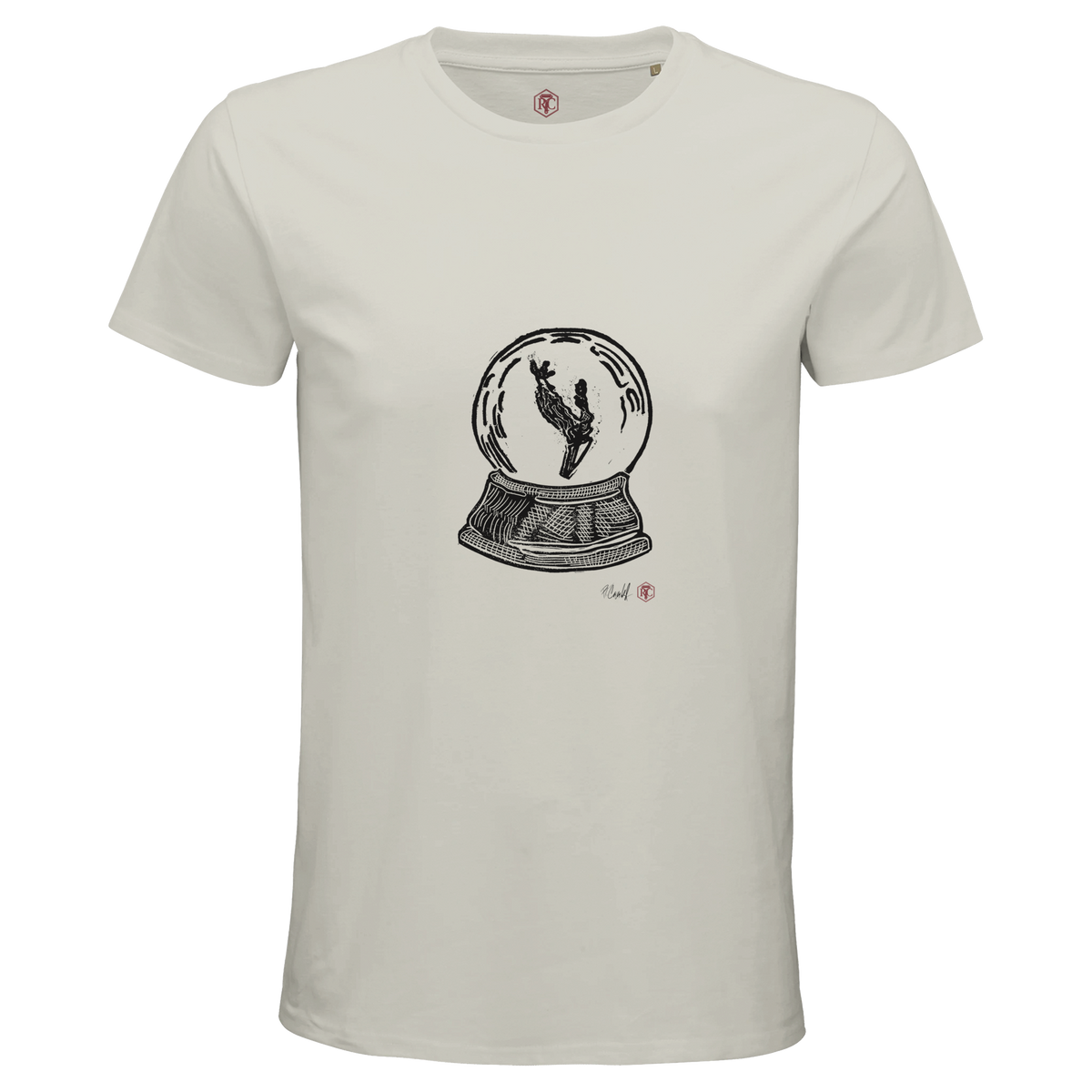 Organic cotton T-shirt with the linocut “Snow Globe Branch” – ash grey, men’s cut