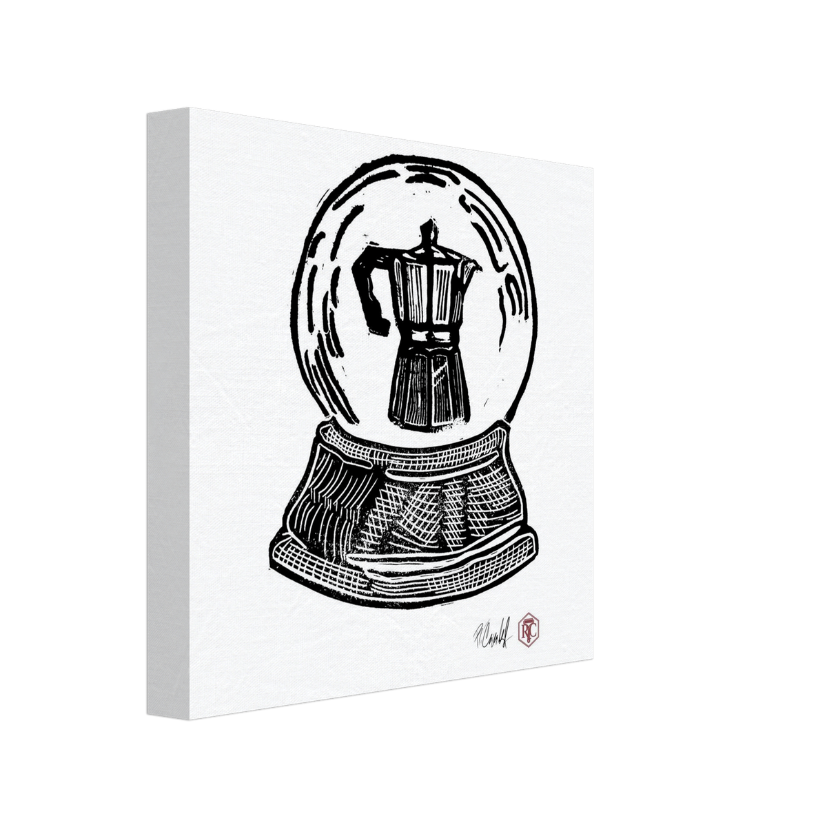 Canvas print 20 × 20 cm with the linocut “Snow Globe Moka Pot” – side view