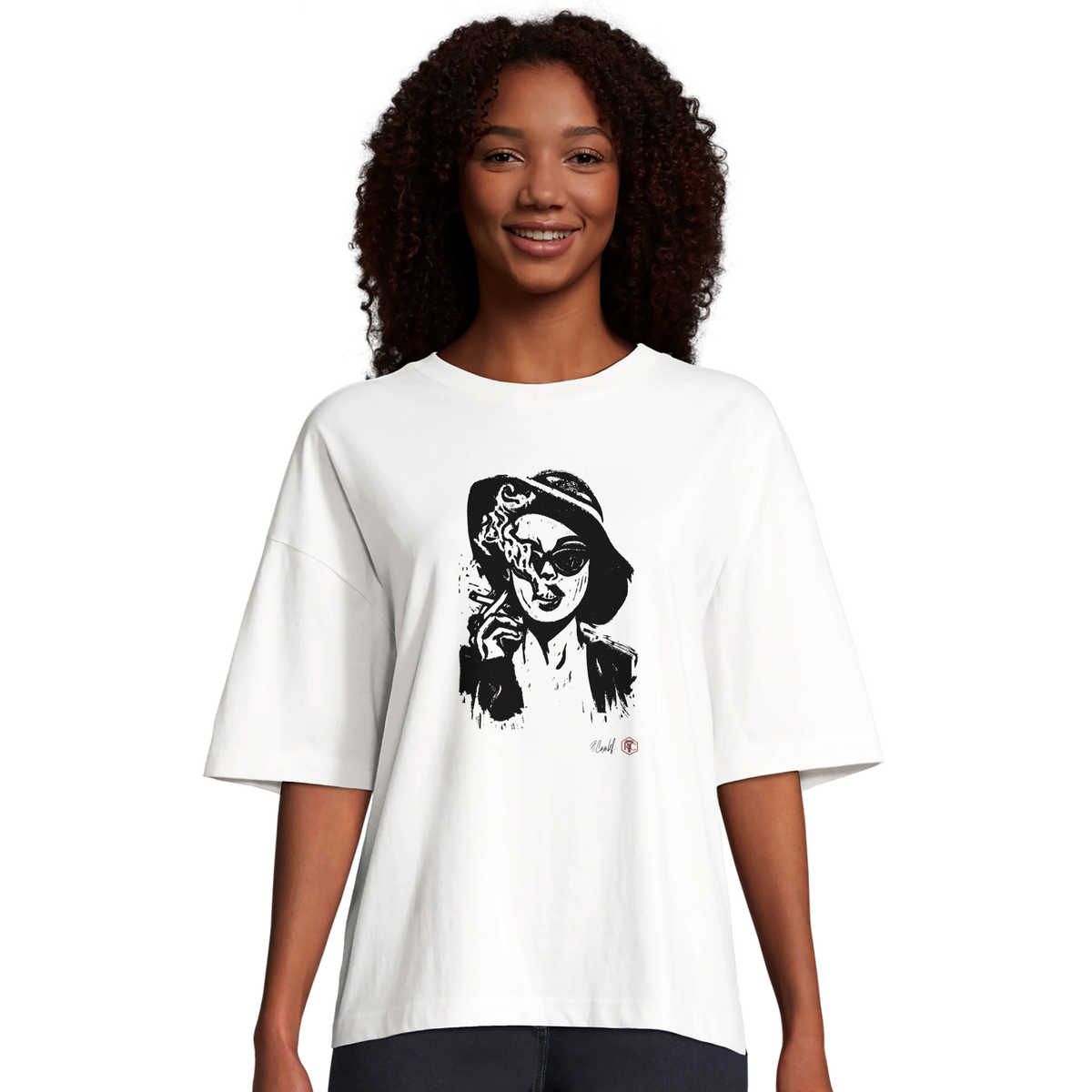 Model wearing T-shirt “Smoke”, white, women’s cut – front view