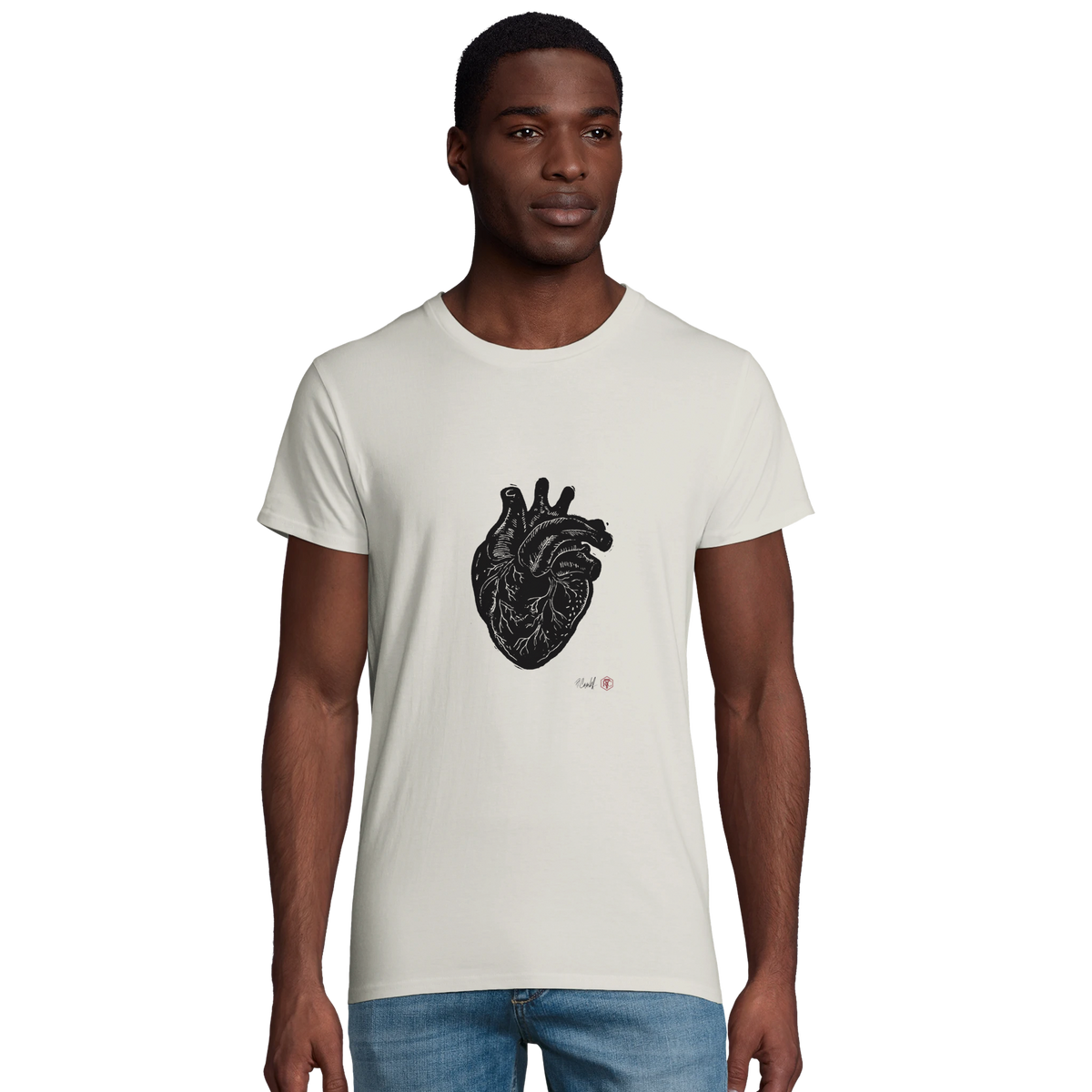 Model wearing T-shirt “Anatomical Heart”, ash grey, men’s cut – front view